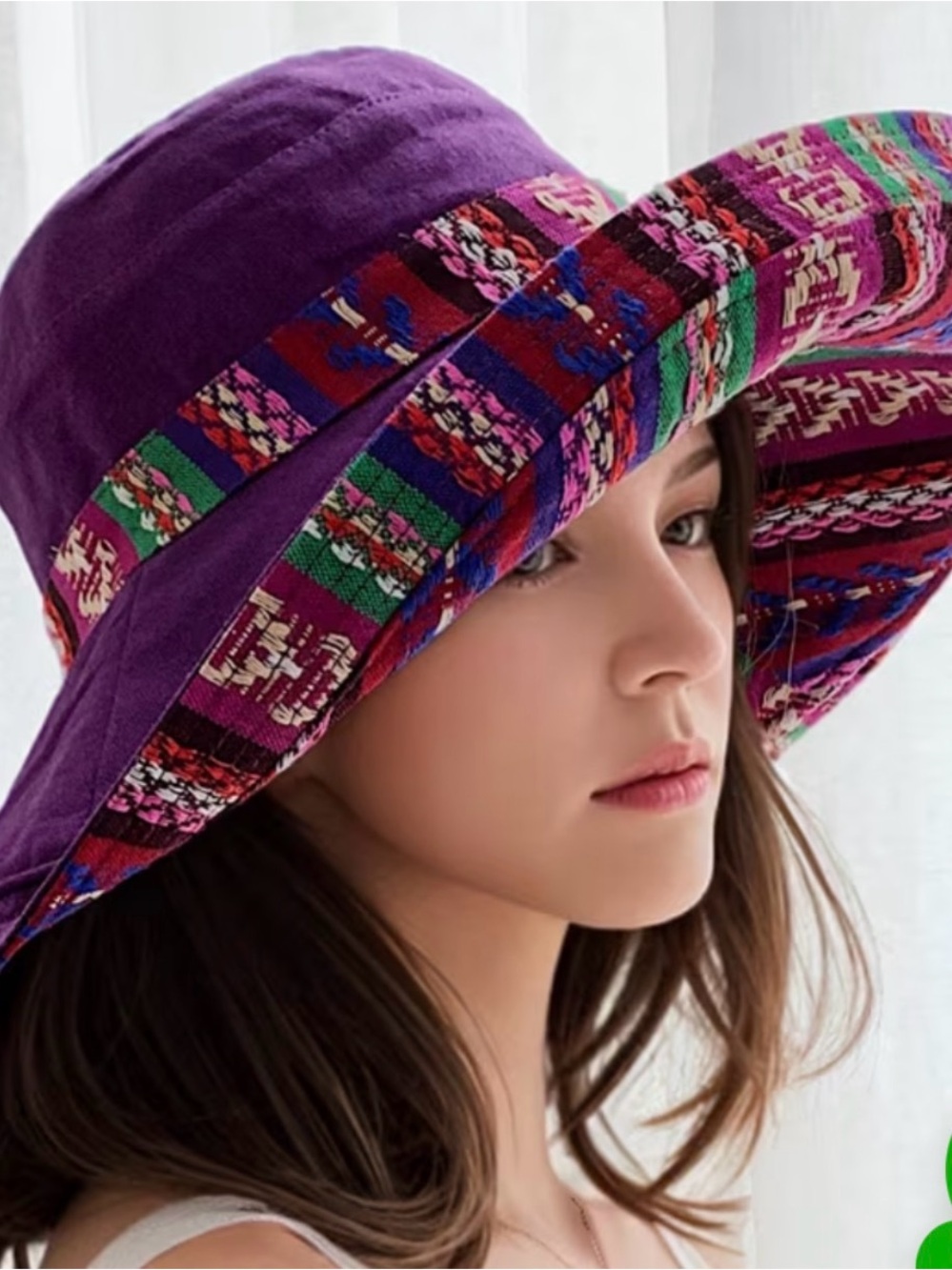 Purple Wide-Brim Sun Hat with Colorful Trim - Women